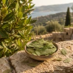 Dried bay leaves with bay laurel branches in a Mediterranean countryside landscape