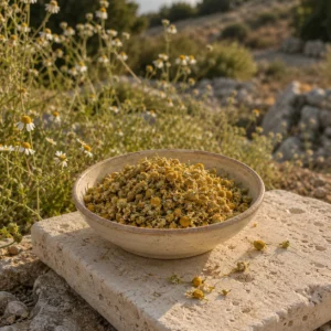 Dried chamomile flowers displayed outdoors beside wild chamomile growing in a Mediterranean countryside landscape