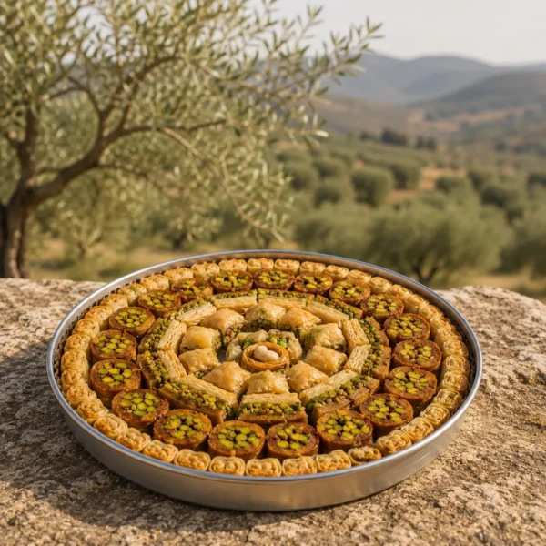 Image 3 – Origin Countryside Traditional Levantine assorted Arabic sweets presented on natural stone with olive trees and a Mediterranean countryside landscape in the background.