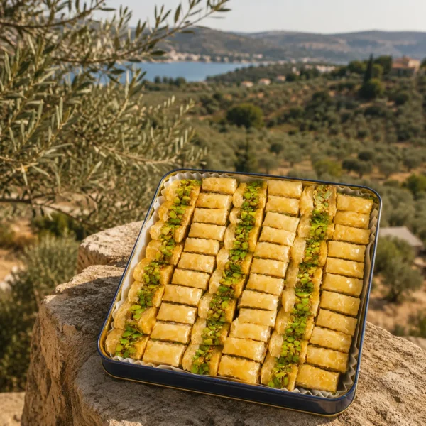 Traditional pistachio baklava fingers presented on natural stone with olive groves and a Mediterranean countryside landscape in warm afternoon daylight.