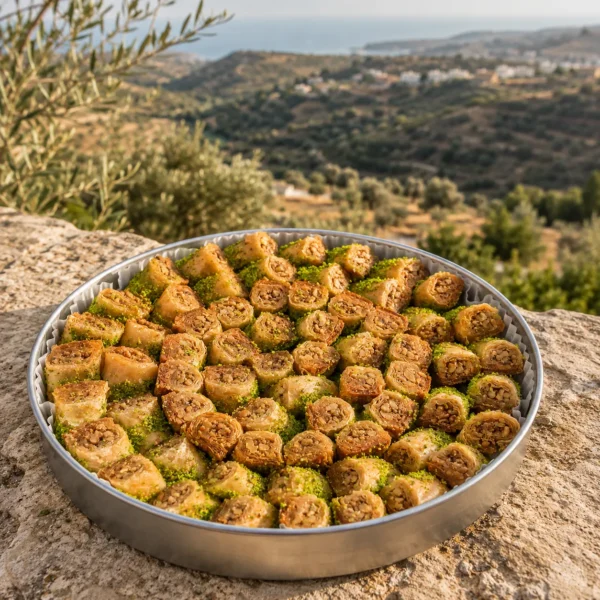 Traditional walnut fingers presented on natural stone with olive groves and a Mediterranean countryside landscape in warm afternoon daylight.