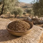 3. Whole Jordanian caraway seeds in a handcrafted ceramic bowl on natural stone with a Mediterranean countryside landscape and olive trees in the background.