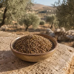 3. Whole Jordanian caraway seeds in a handcrafted ceramic bowl on natural stone with a Mediterranean countryside landscape and olive trees in the background.