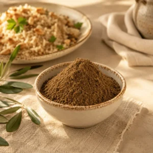 Levantine Seven Spice Blend in a handcrafted ceramic bowl with a traditional Levantine rice dish softly blurred in the background.