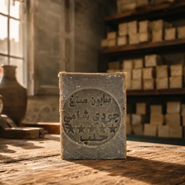 Traditional Aleppo Laurel Soap bar in a historic artisan workshop with curing soap stacks and warm natural daylight