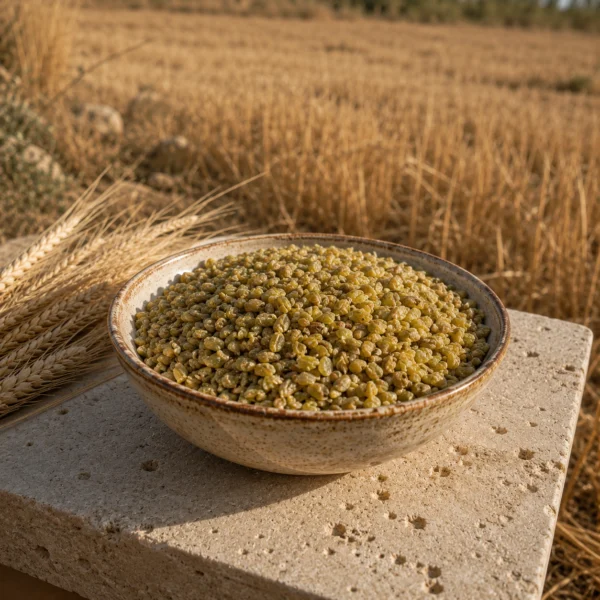 Traditional freekeh displayed beside harvested wheat fields in the Levant countryside