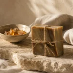 Traditional Oud and Amber Soap bar beside natural amber resin pieces and handcrafted ceramic bowl in warm daylight