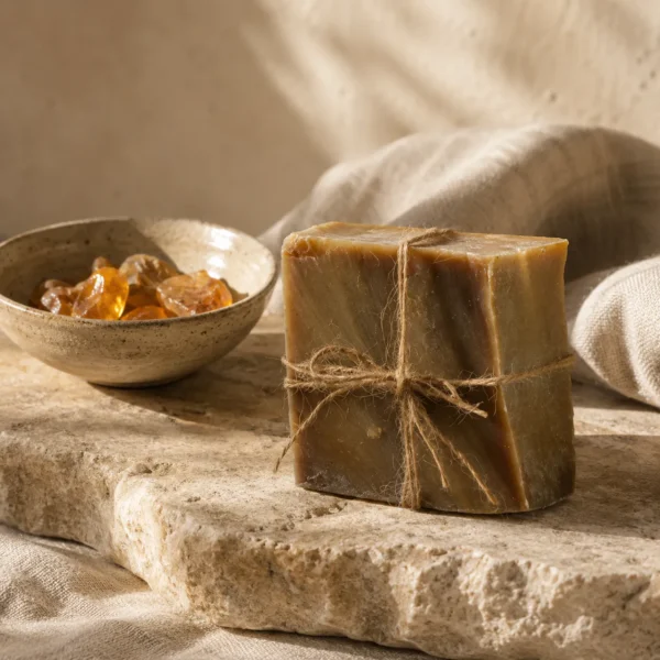 Traditional Oud and Amber Soap bar beside natural amber resin pieces and handcrafted ceramic bowl in warm daylight