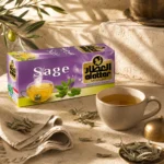 Al Attar Sage Tea presented in a calming evening setting with a ceramic mug of sage tea, dried sage leaves, linen fabric, and subtle brass accents on a limestone surface.