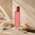 Assaf Feeling Eau de Parfum for Women bottle with vanilla pods and soft natural textures in a refined lifestyle scene inspired by the fragrance dry-down.