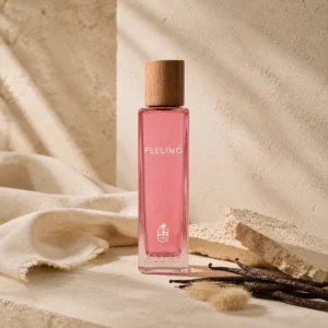 Assaf Feeling Eau de Parfum for Women bottle with vanilla pods and soft natural textures in a refined lifestyle scene inspired by the fragrance dry-down.