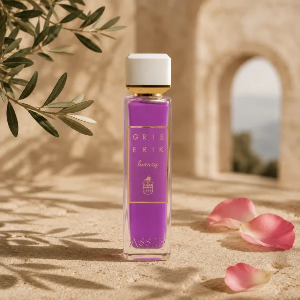 ASSAF Gris Erik Eau de Parfum bottle with rose petals and olive branch shadows on natural stone against a softly blurred Levantine limestone arch background