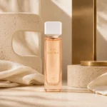 Elegance Image: Assaf Miss Sakura Eau de Parfum for Women in a contemporary luxury setting with limestone textures, ivory fabrics, and brushed brass accents.