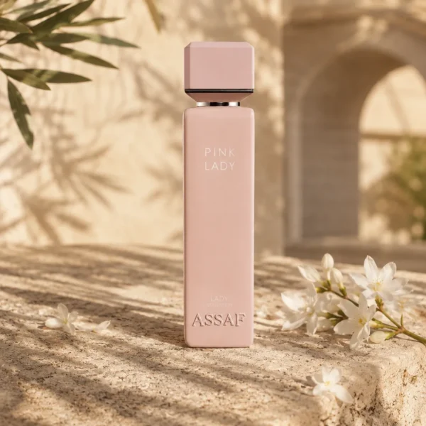 ASSAF Pink Lady Eau de Parfum bottle with orange blossom flowers beside a limestone arch in a warm Levantine inspired setting