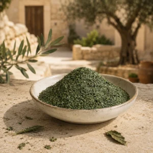 Fine Molokhia 350g displayed in a Levantine heritage-inspired courtyard setting with the original molokhia bowl preserved unchanged, rustic limestone textures, and warm golden daylight.