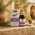 Hemani Rosemary Oil 30ml showcased in a Levantine heritage-inspired botanical setting with rustic limestone textures, traditional courtyard details, rosemary accents, and warm golden daylight.