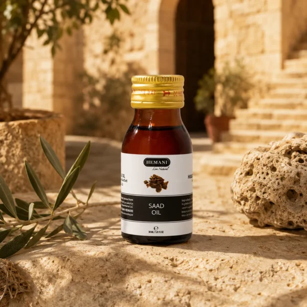 Hemani Saad Oil 30ml showcased in a Levantine heritage courtyard setting with rustic limestone textures, warm golden daylight, and authentic regional character.