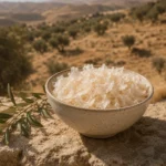 Authentic Kathira flakes in a handcrafted ceramic bowl set against a Levantine countryside landscape inspired by regional heritage and tradition.
