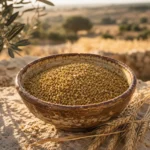 Palestinian Fine Freekeh 750g displayed in a handcrafted ceramic bowl overlooking wheat fields in a warm countryside harvest setting inspired by Levantine heritage