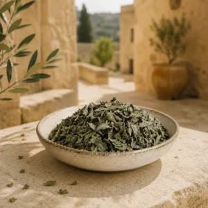 Premium Baladi Thyme Leaves 250g displayed in a Levantine heritage-inspired courtyard atmosphere, with the original thyme bowl preserved unchanged, rustic limestone architecture, olive tree elements, and warm golden daylight.
