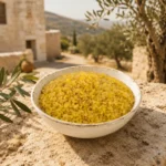Premium Coarse Bulgur Wheat in an aged white ceramic bowl with a countryside-inspired Levantine agricultural atmosphere and natural wheat heritage elements.