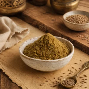 Premium Fine Ground Cumin in a handcrafted ceramic bowl styled with aged parchment textures, a brass spice spoon, and whole cumin seeds in a heritage-inspired setting.