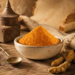 Premium Fine Turmeric Powder 200g displayed in a handcrafted ceramic bowl with dried turmeric roots and a brass spice spoon in a heritage-inspired spice route setting.