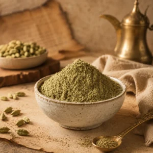 Premium Green Cardamom Powder 250g in a handcrafted ceramic bowl with green cardamom pods, brass accents, and heritage-inspired spice route details.