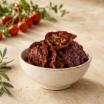 Premium Jordanian sun-dried tomatoes in an aged white ceramic bowl on a rustic limestone surface with softly blurred tomato vines in the background.
