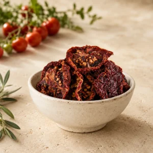 Premium Jordanian sun-dried tomatoes in an aged white ceramic bowl on a rustic limestone surface with softly blurred tomato vines in the background.