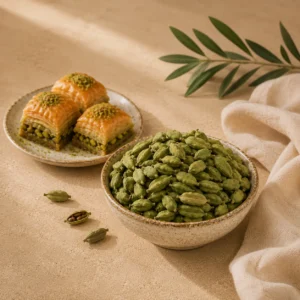 Premium Large Green Cardamom Pods 200g with traditional pistachio baklava