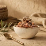 Premium Mar Mecca resin in a handcrafted ceramic bowl with a brass incense spoon, olive branch, and heritage-inspired aromatic setting.