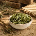 Premium Senna Leaves Herbal Infusion 250g in a traditional ceramic bowl with a handcrafted brass spoon, aged parchment textures, and warm earthy tones inspired by historic botanical trade routes.