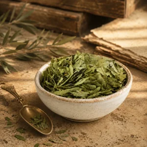 Premium Senna Leaves Herbal Infusion 250g in a traditional ceramic bowl with a handcrafted brass spoon, aged parchment textures, and warm earthy tones inspired by historic botanical trade routes.