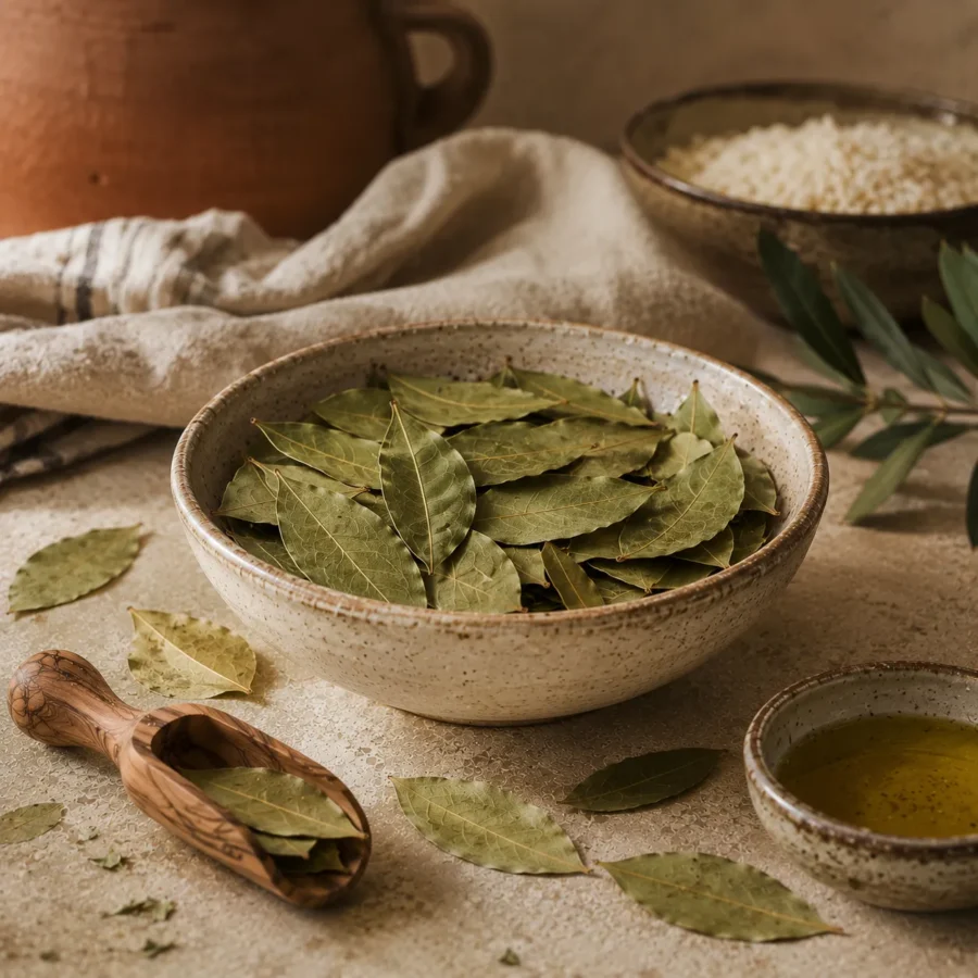 Premium whole dried bay leaves in a handcrafted ceramic bowl with an olive wood scoop, extra virgin olive oil, and a traditional clay pot with uncooked Levantine rice in the background, styled in a refined heritage-inspired editorial setting.
