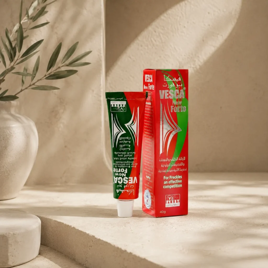 Minimalist Skincare Image: Vesca New Forte cream 40g in a modern architectural skincare scene with limestone textures, curved shadows, and warm neutral tones.