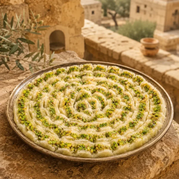 White Ballorieh with Pistachios displayed in a heritage-inspired Levantine courtyard setting featuring warm stone textures and authentic regional atmosphere.