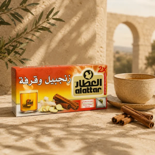 Al Attar Ginger and Cinnamon herbal infusion box with ceramic tea cup and cinnamon sticks in a warm Levantine inspired setting