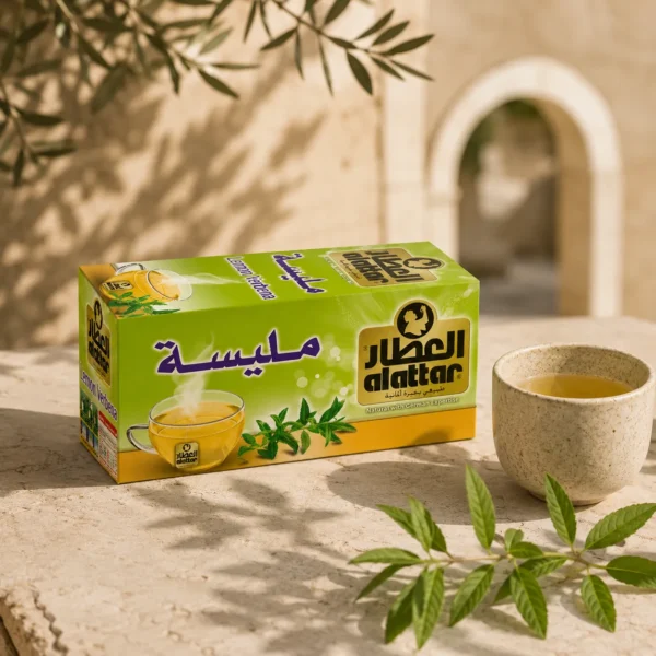 Al Attar Lemon Verbena herbal infusion box with ceramic tea cup and lemon verbena leaves in a warm Levantine inspired setting