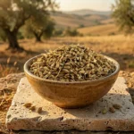 Whole Jordanian anise seeds in a ceramic bowl placed outdoors on natural stone with a warm Mediterranean countryside landscape in the background.