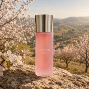 Assaf Arrogate Pink EDP for Women 200ml on Levantine stone overlooking a blooming apricot orchard in warm spring daylight