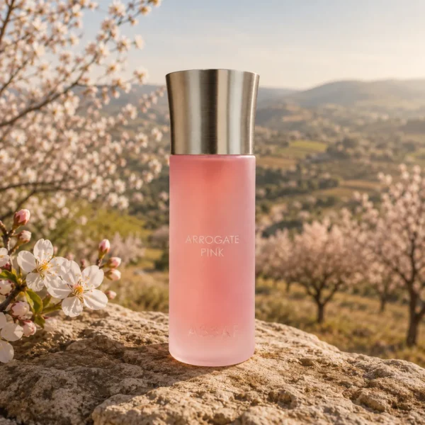 Assaf Arrogate Pink EDP for Women 200ml on Levantine stone overlooking a blooming apricot orchard in warm spring daylight
