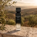 Assaf Frankel Black Elixir EDP for Men 200ml on Levantine stone overlooking olive groves and rolling countryside hills
