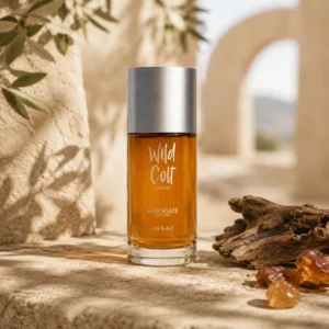 ASSAF Wild Colt Bakhur Eau de Parfum 150ml in an oriental woody lifestyle scene with natural stone, amber details and architectural backdrop