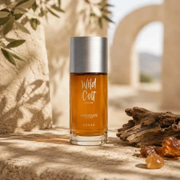 ASSAF Wild Colt Bakhur Eau de Parfum 150ml in an oriental woody lifestyle scene with natural stone, amber details and architectural backdrop