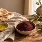 Authentic Jordanian sumac presented with flatbread and olive oil in a Levant hospitality scene