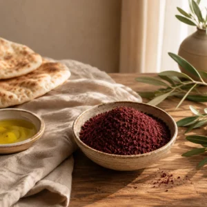 Authentic Jordanian sumac presented with flatbread and olive oil in a Levant hospitality scene