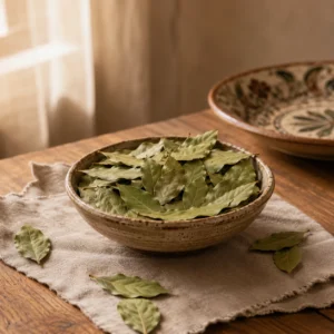 Dried bay leaves presented in a ceramic bowl on a Levant-inspired table with linen and natural wood textures