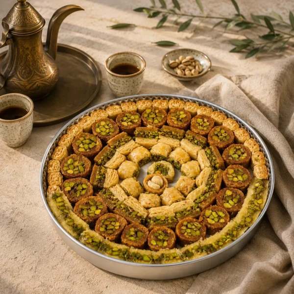 Image 4 – Levant Hospitality Traditional Levantine assorted Arabic sweets served with Arabic coffee and handcrafted ceramics in a warm hospitality setting inspired by the Levant.