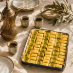 Traditional pistachio baklava fingers served with Arabic coffee, handcrafted ceramics, and a warm Levant hospitality setting in soft natural daylight.
